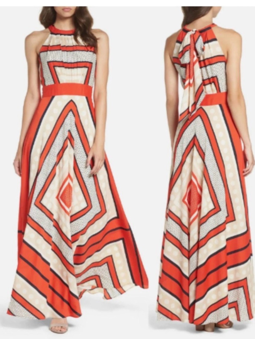 Eliza J Red and Cream Geometric Halter Maxi Dress